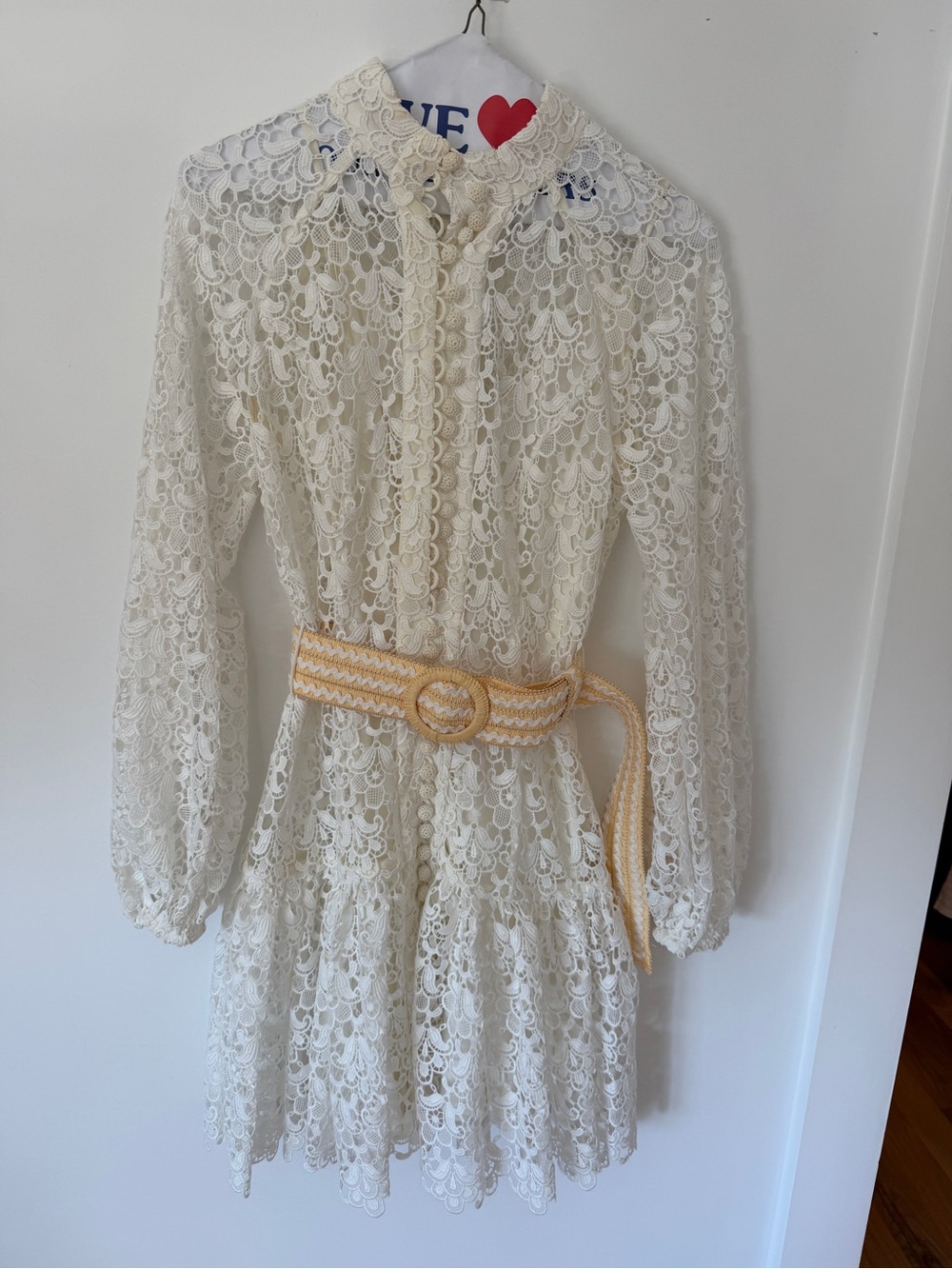 ZIMMERMAN Women’s Ivory Lace Long-Sleeve Dress with Yellow Accent Belt Removable
